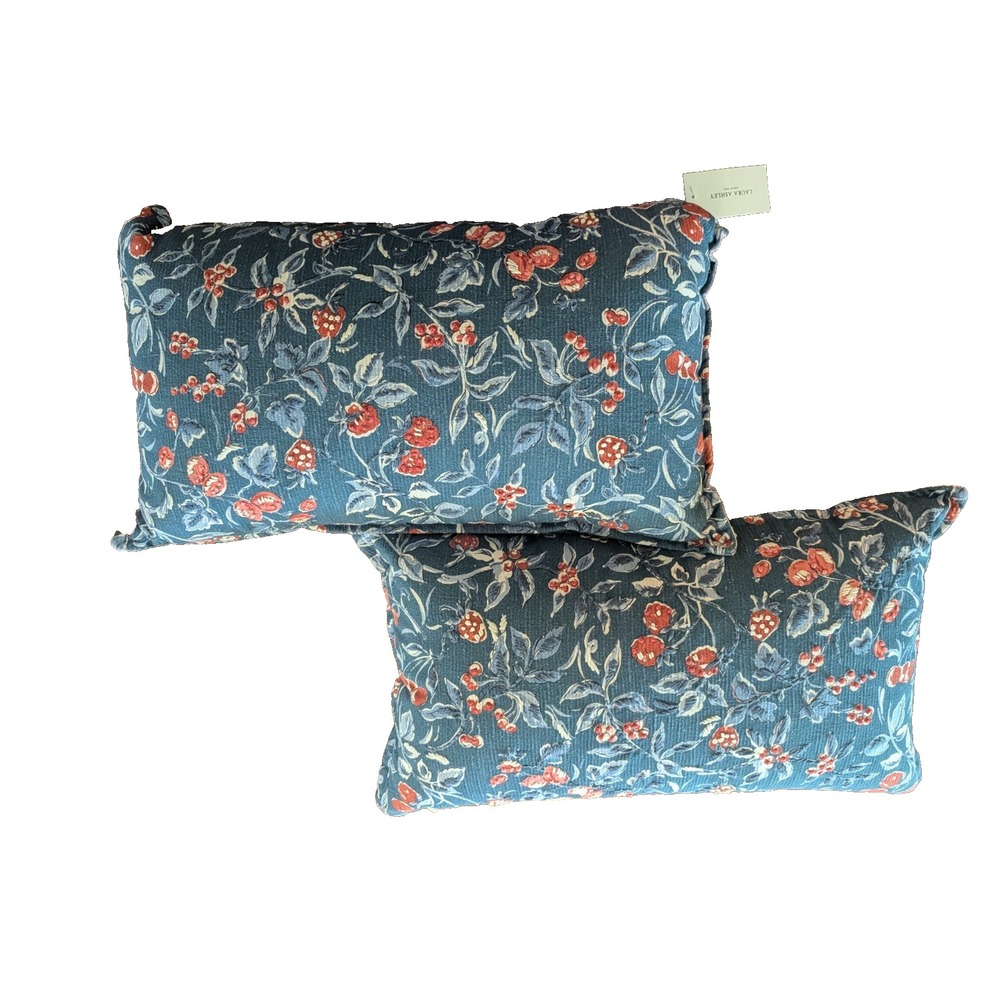 Laura Ashley Cambrian Berries Blue Strawberry Throw Pillow Set of 2 14x24 NEW